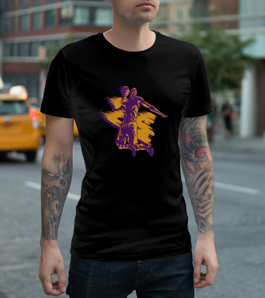 Basketball Player Dunking With Purple And Gold Brush Strokes T-Shirt