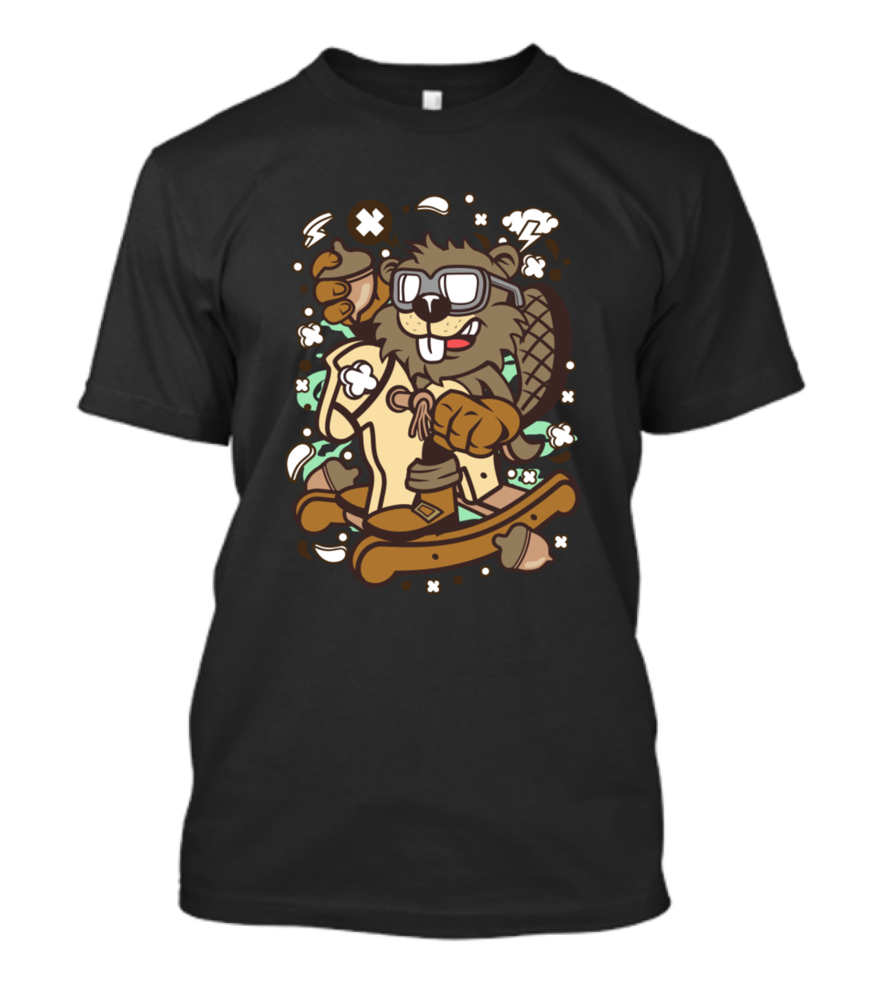 Beaver On Rocking Horse Animated Cartoon Style Comic T-Shirt