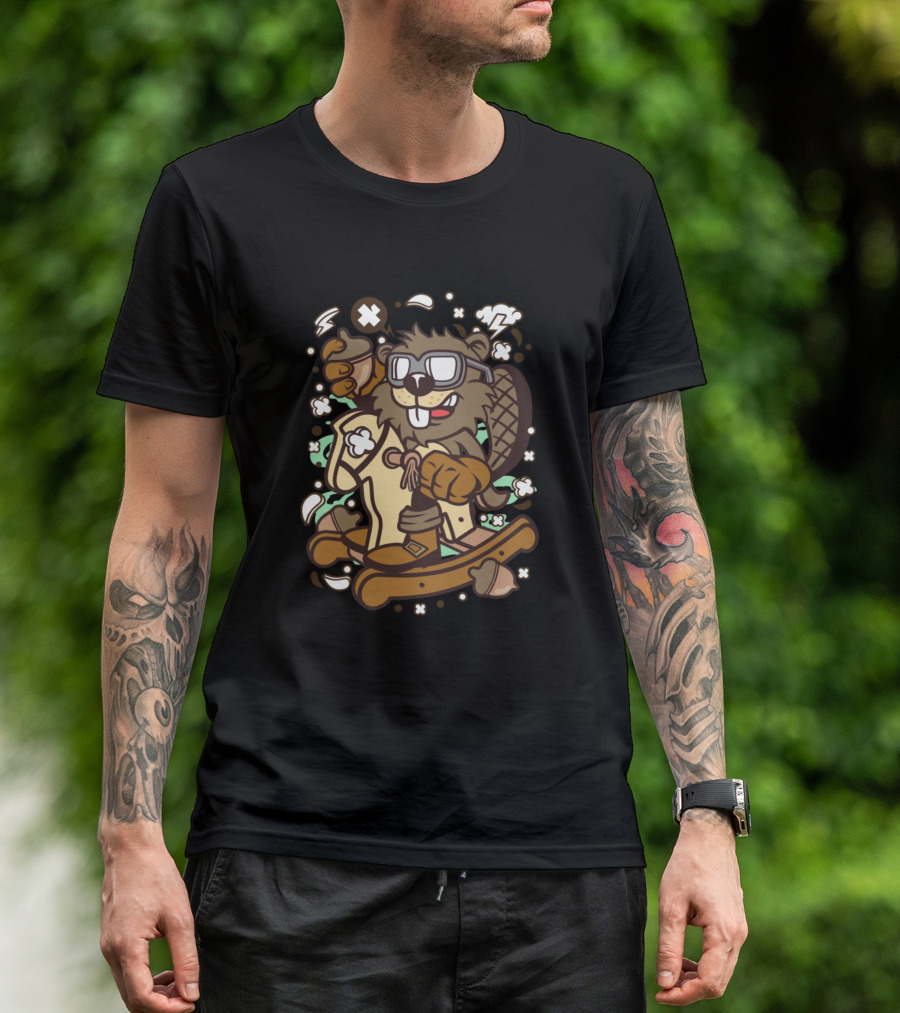 Beaver On Rocking Horse Animated Cartoon Style Comic T-Shirt