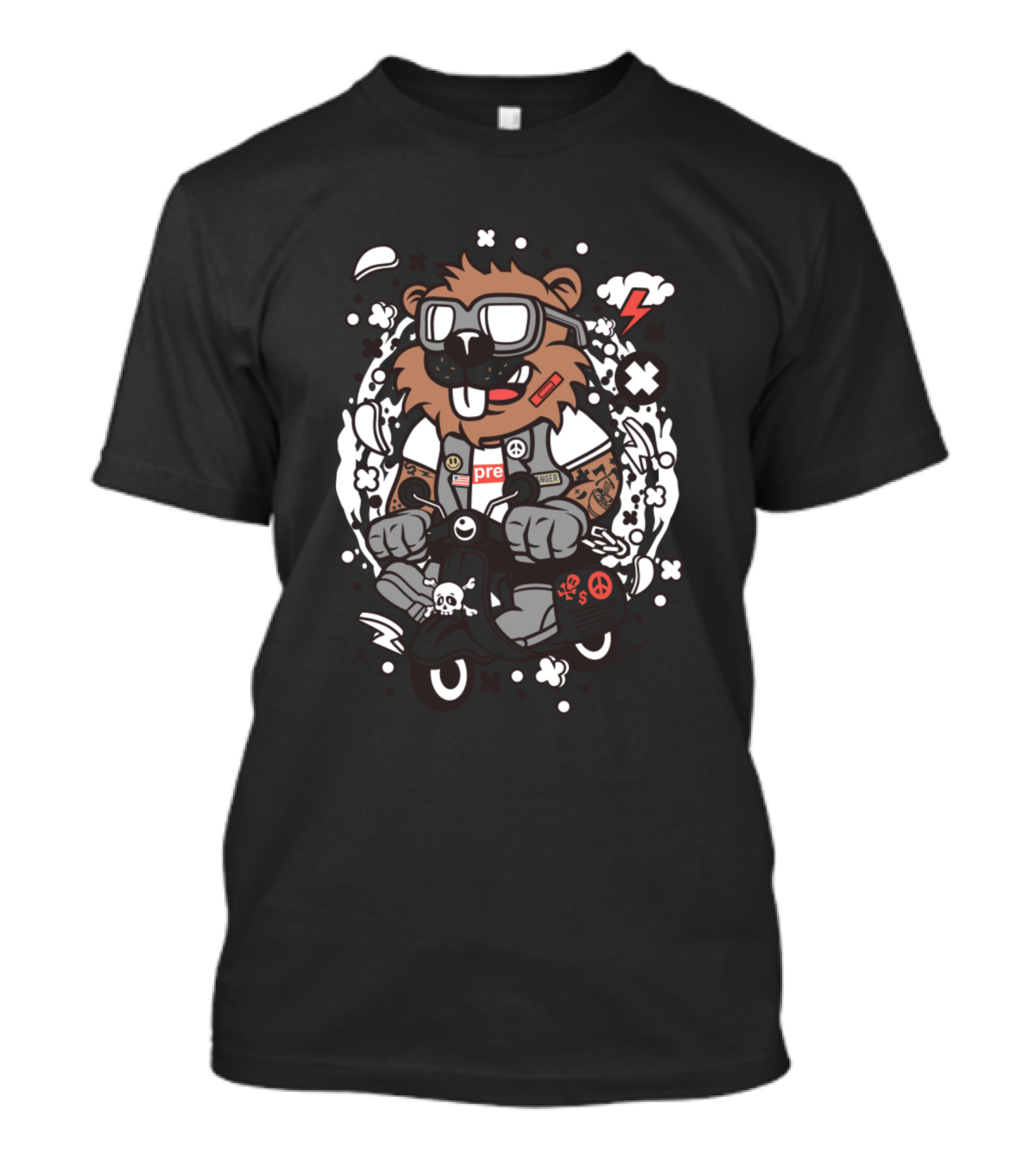 Beaver Scooterist With Goggles And Tattoos For Animated Characters Comics T-Shirt