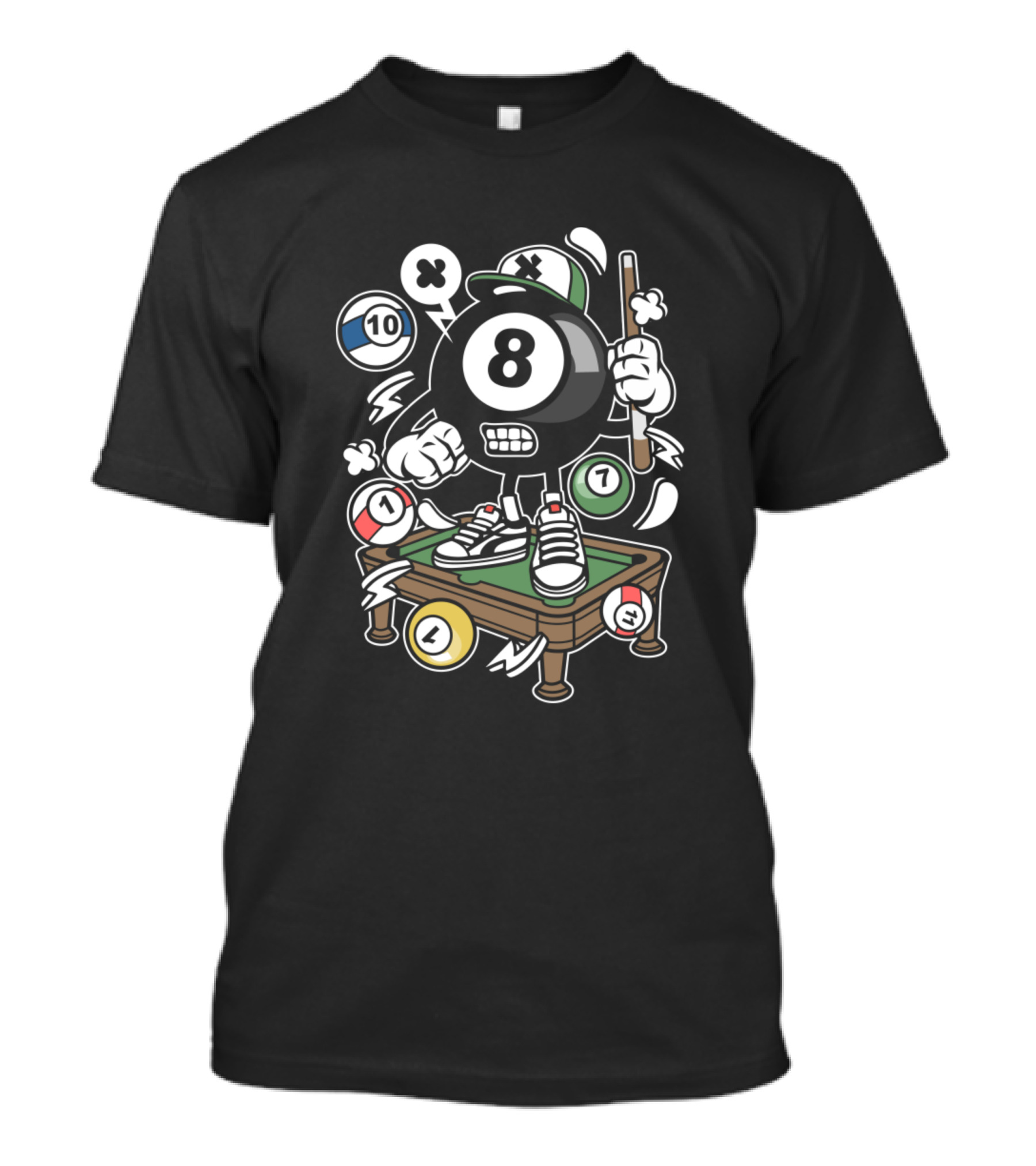 Billiard Game Featuring Animated 8 Ball Character With Pool Accessories And Comic Style Elements T-Shirt