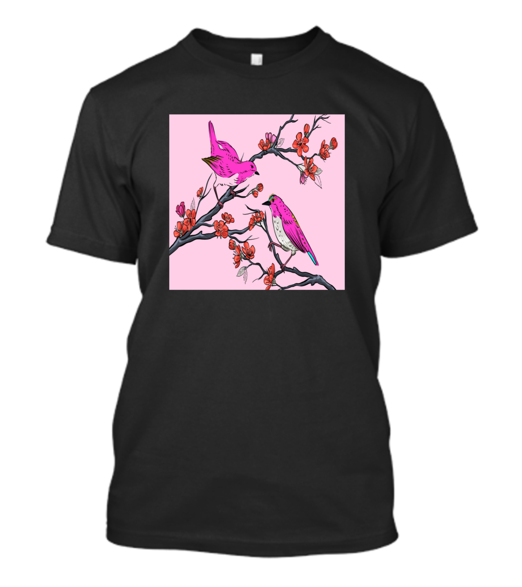 Pink Birds On Cherry Blossom Branches Chinese Flower Bed T-Shirt