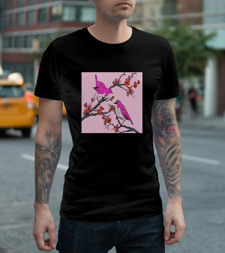 Pink Birds On Cherry Blossom Branches Chinese Flower Bed T-Shirt