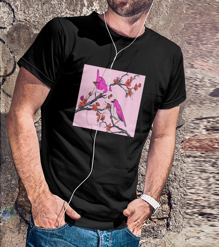 Pink Birds On Cherry Blossom Branches Chinese Flower Bed T-Shirt