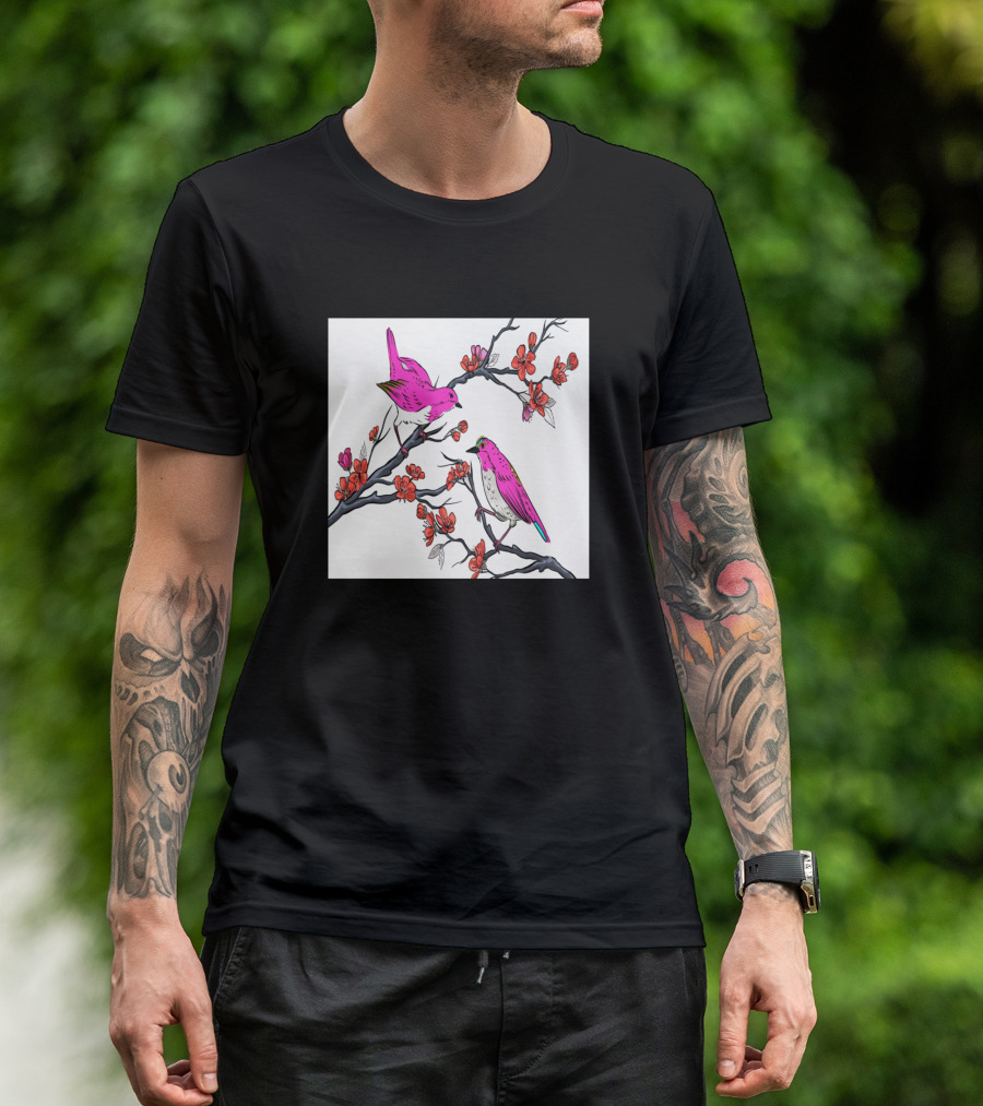 Birds China Pink Blossoms Flower Branches T-Shirt