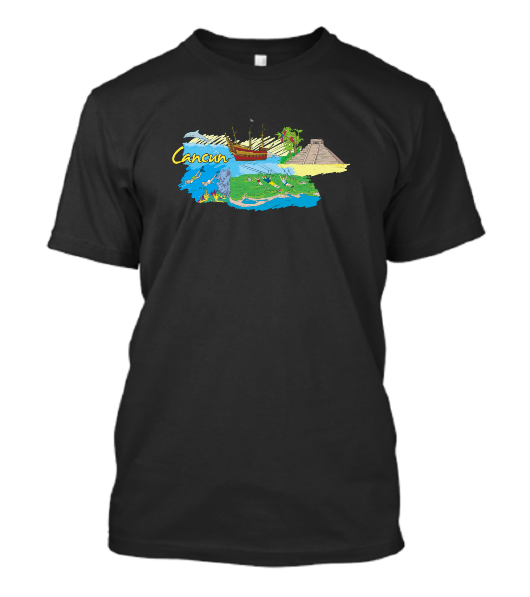Cancun Destination With Ship, Beach, Iguana, And Mayan Pyramid T-Shirt