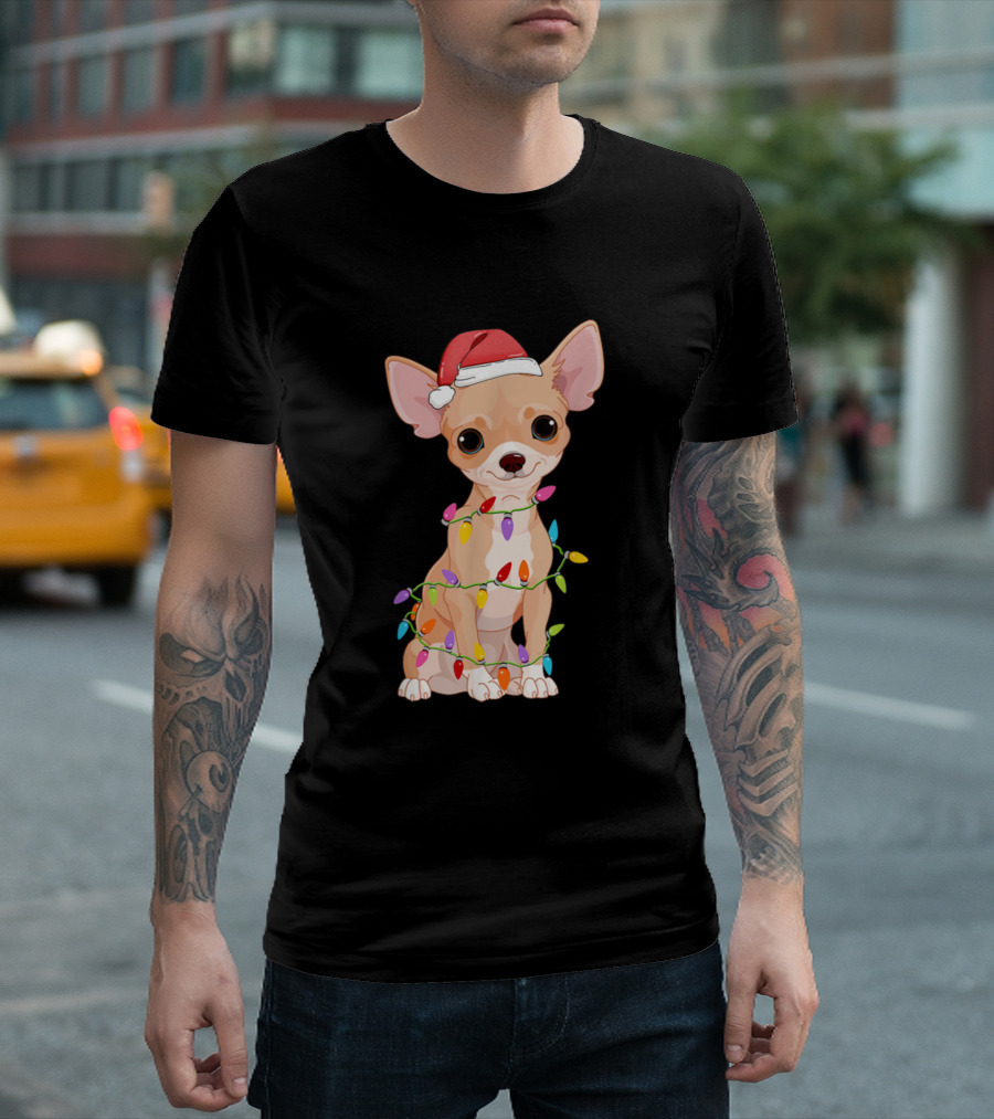 Chihuahua Christmas Lights Santa Hat T-Shirt