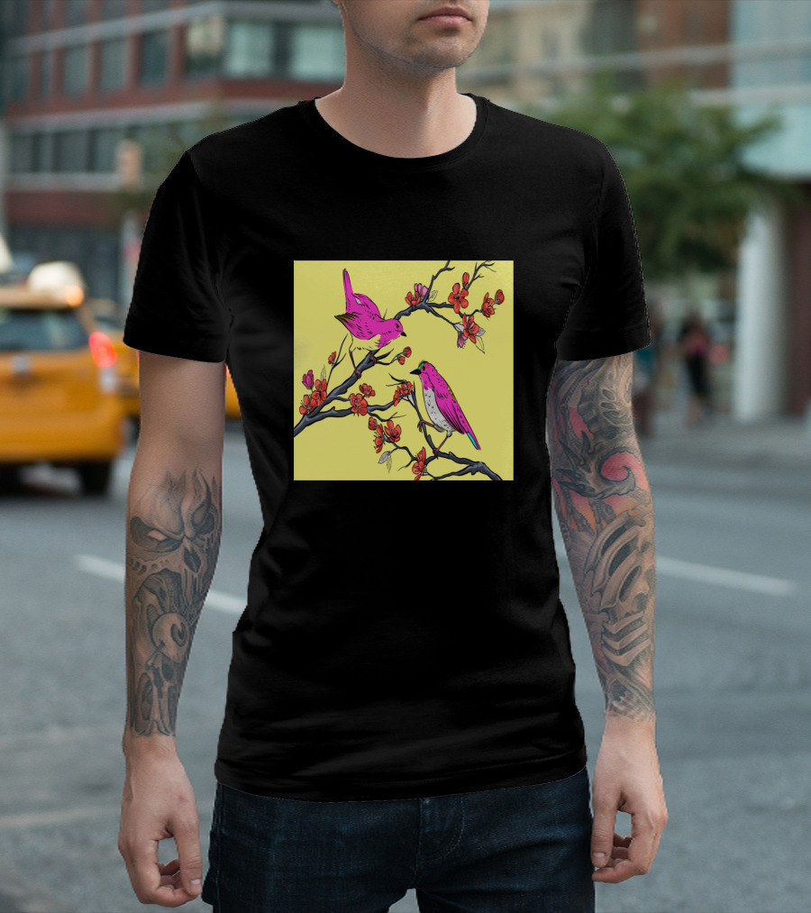 China Flowers Botanical Birds Pink Blossoms Yellow Background T-Shirt