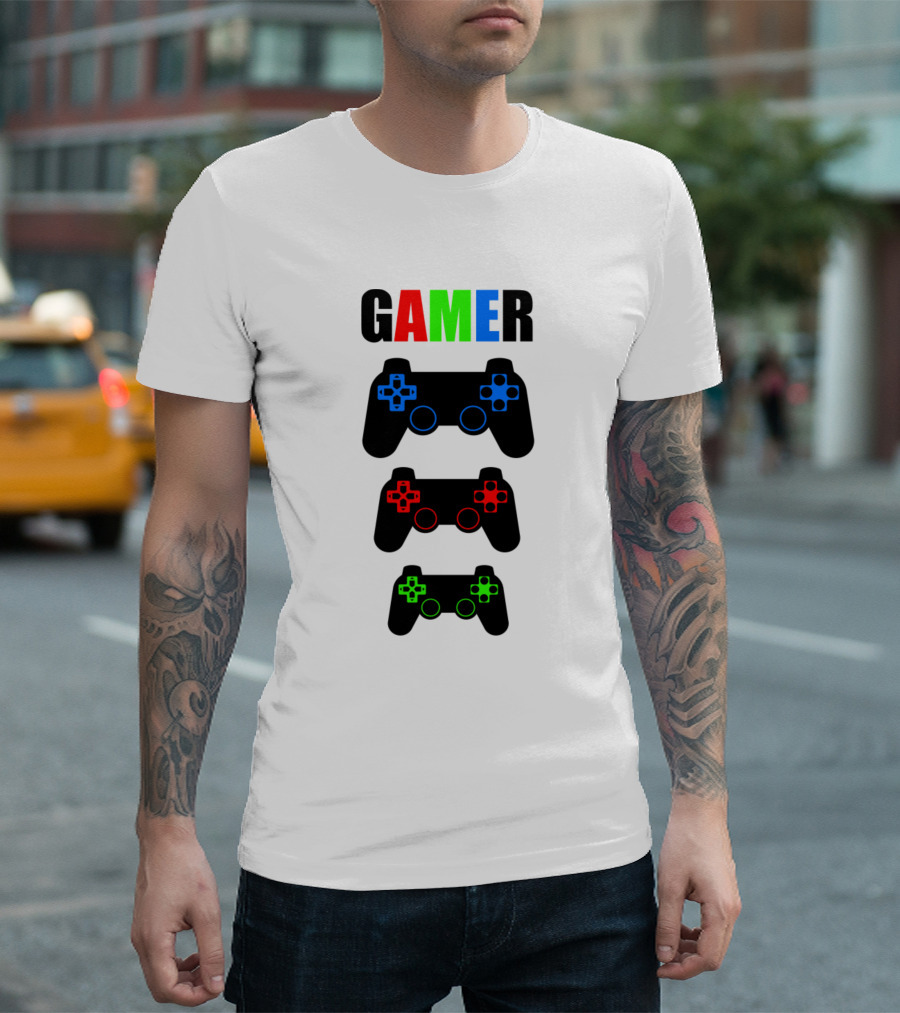 GAMER Colorful Word With PlayStation Style Game Console Controllers T-Shirt
