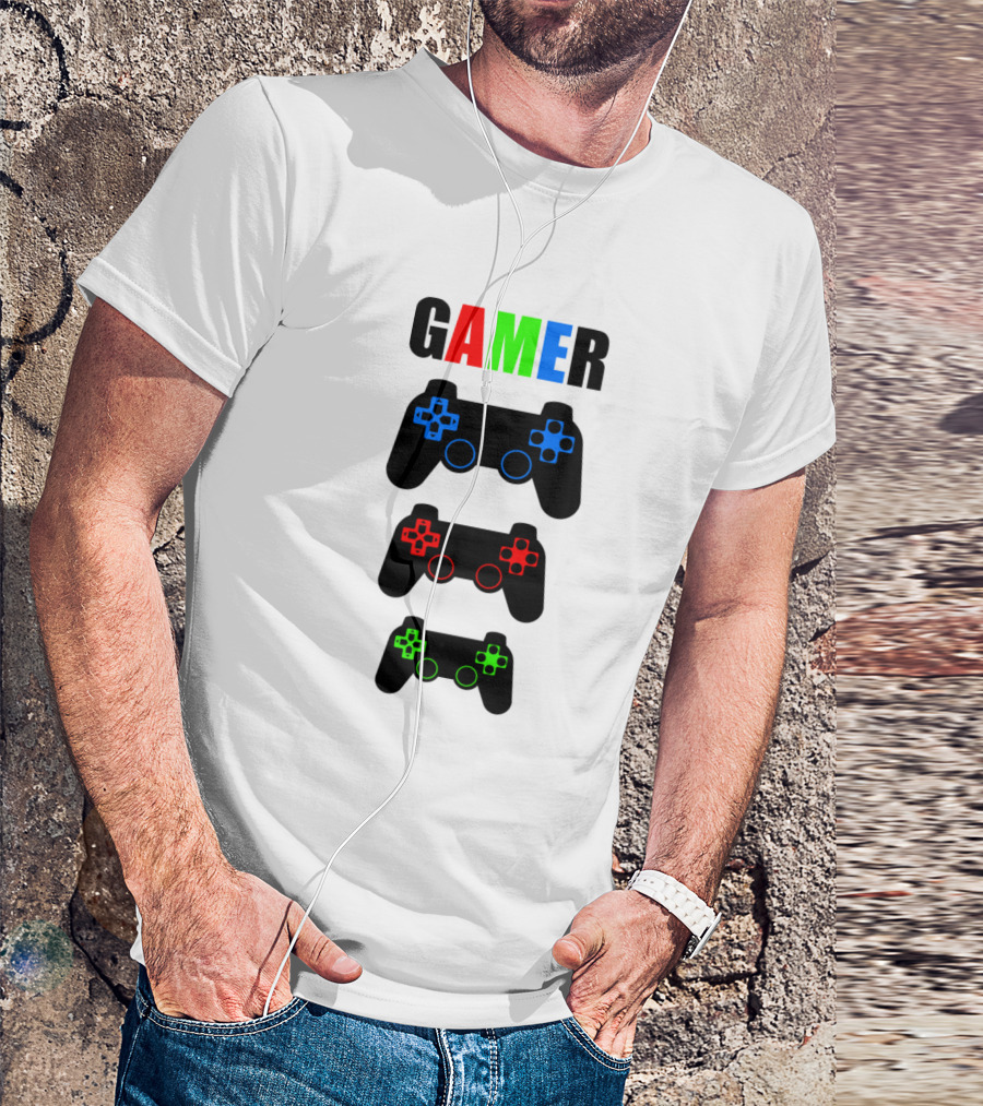 GAMER Colorful Word With PlayStation Style Game Console Controllers T-Shirt