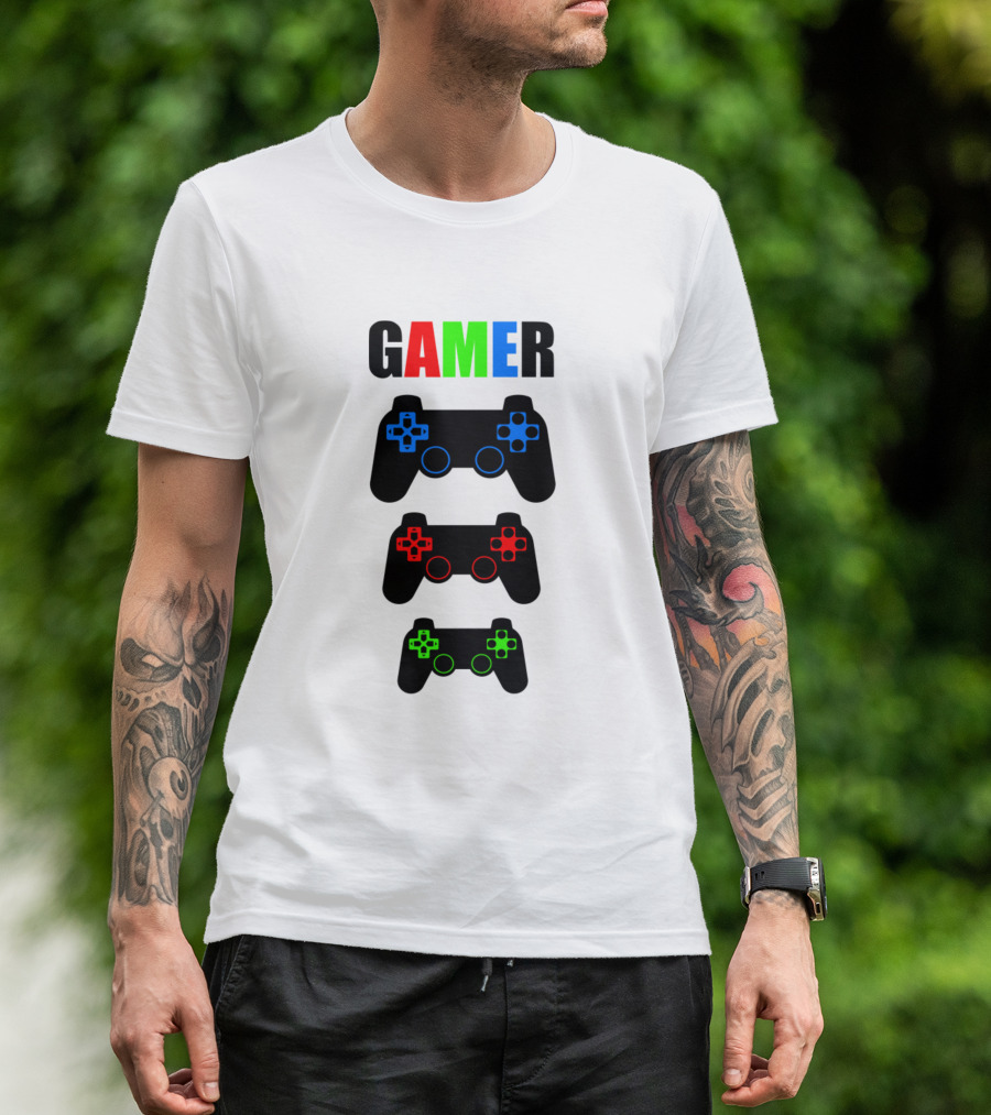 GAMER Colorful Word With PlayStation Style Game Console Controllers T-Shirt