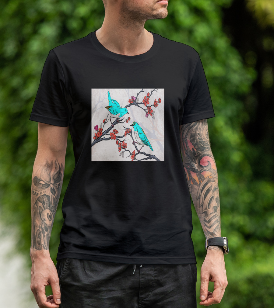 Flowers Blue Birds On Branches T-Shirt