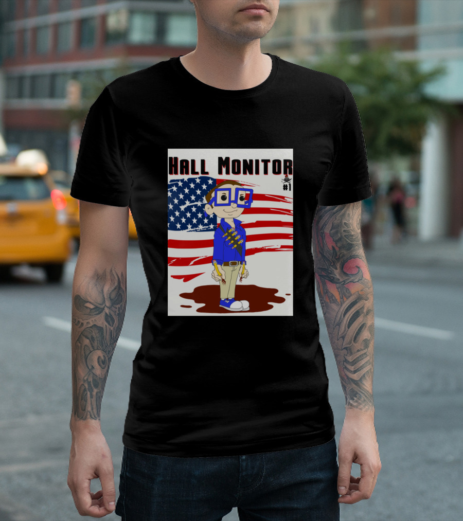 Hall Monitor #1 Patriotic Cartoon with American Flag Background T-Shirt