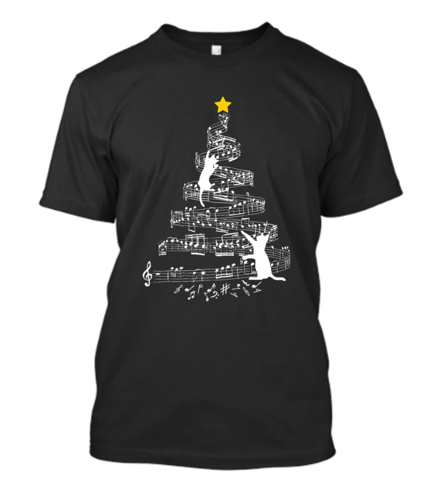 Music Note Christmas Tree With Cats And Star T-Shirt