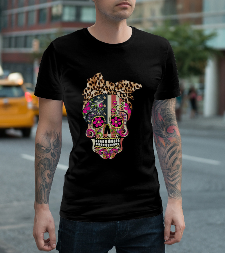 Leopard Bow Sugar Skull with American Flag and Floral Accents T-Shirt