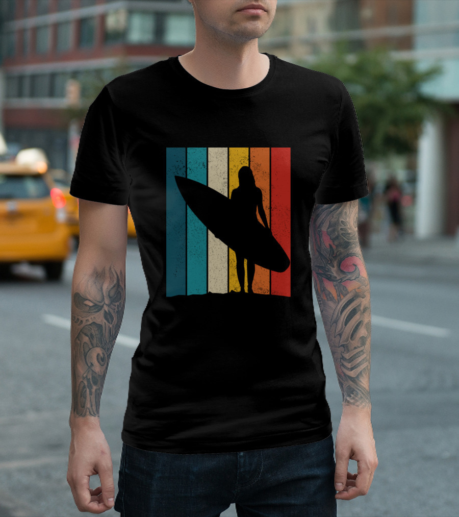 Surfer Girl Vintage Retro Surfing Beach Silhouette Stripes T-Shirt