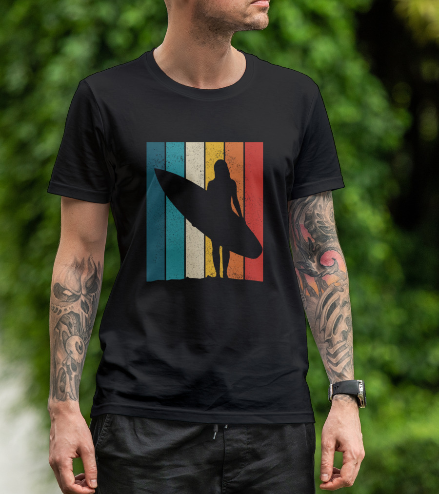 Surfer Girl Vintage Retro Surfing Beach Silhouette Stripes T-Shirt