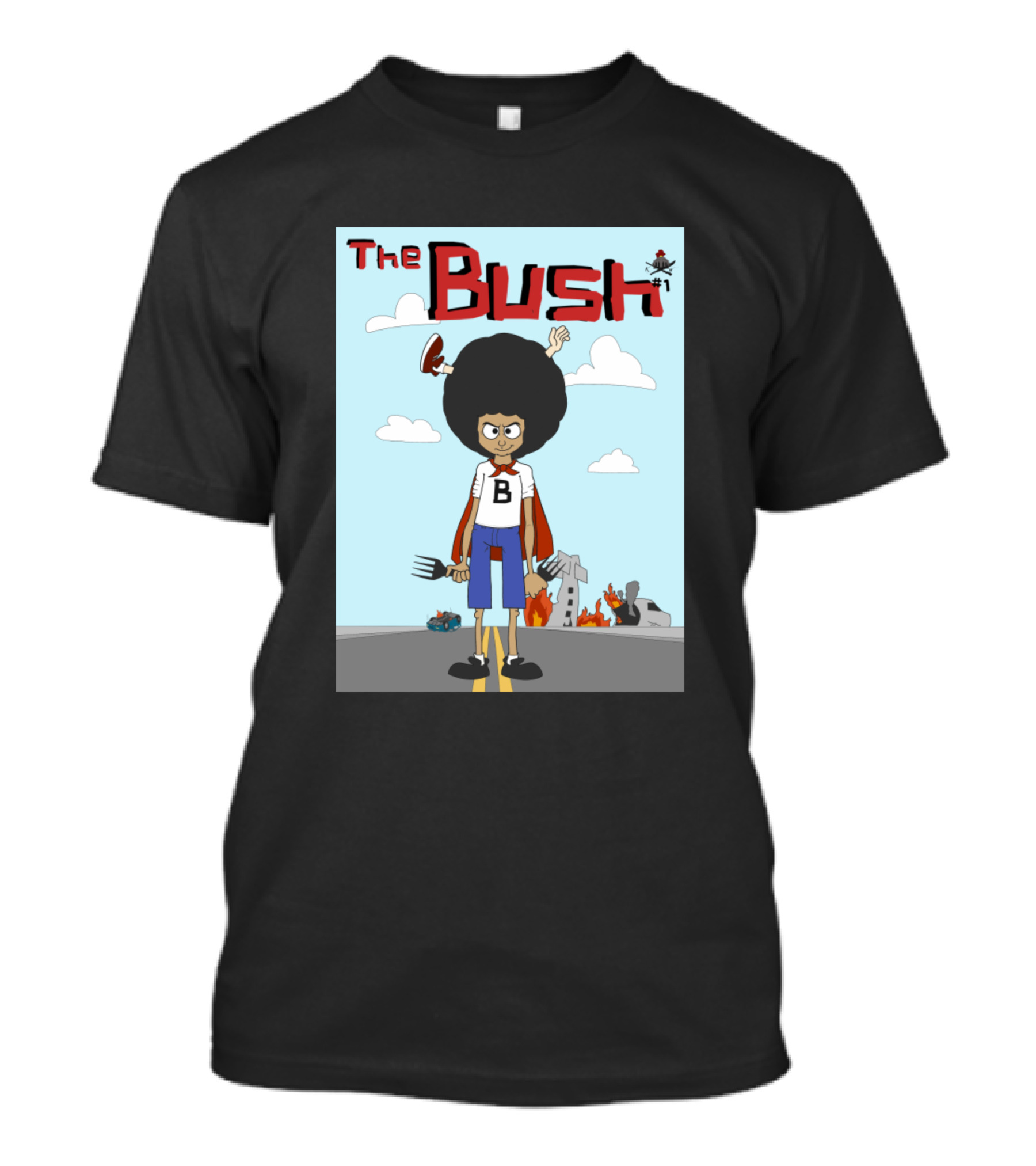 The Bush Cartoon Character With Afro And Fork In Post-Apocalyptic Scene T-Shirt