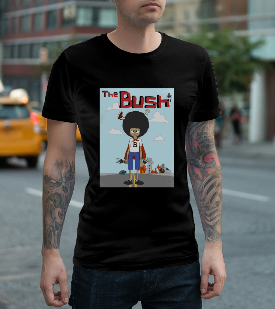 The Bush Cartoon Character With Afro And Fork In Post-Apocalyptic Scene T-Shirt