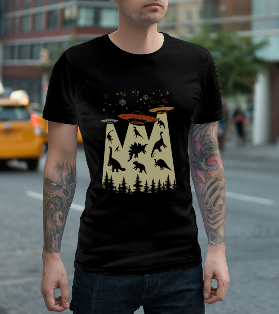Vintage Dinosaur Alien Abduction UFO Silhouette Forest Retro Scene T-Shirt
