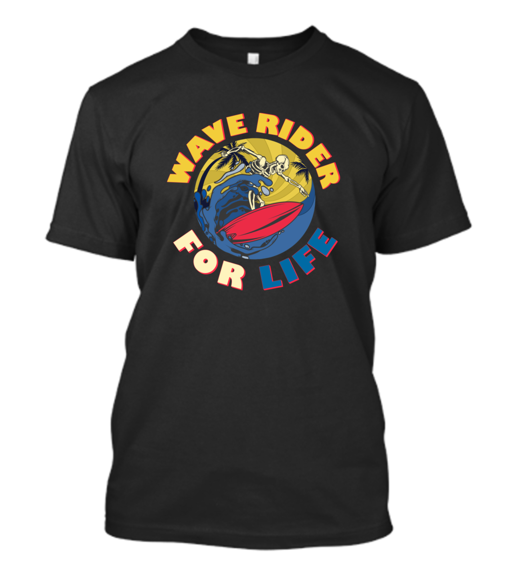 Wave Rider For Life Skeleton Surfer Retro Style Palm Trees T-Shirt