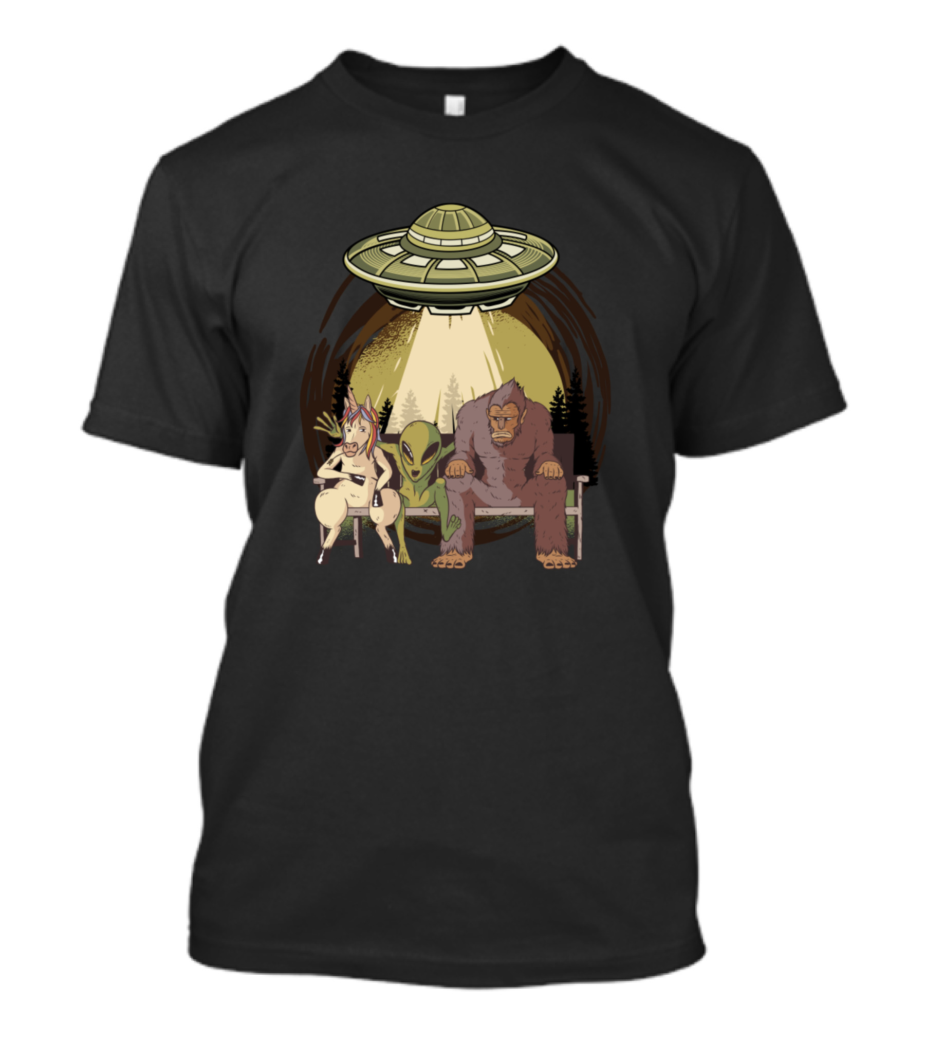 Alien Unicorn Bigfoot UFO Believer Forest Scene T-Shirt