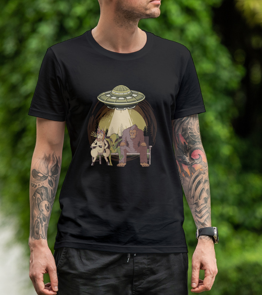 Alien Unicorn Bigfoot UFO Believer Forest Scene T-Shirt