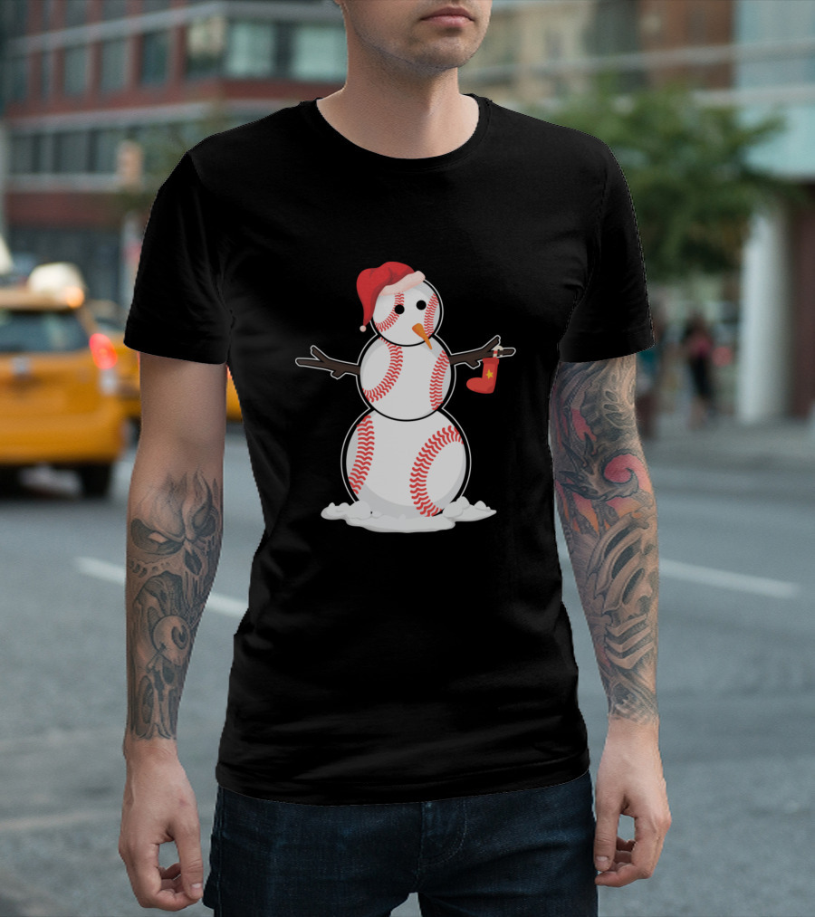 Snowman Baseball Santa Funny Christmas T-Shirt