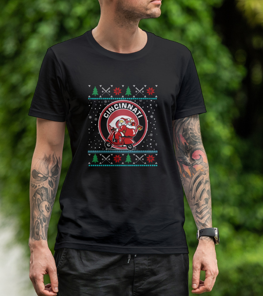 Cincinnati Reds Santa Scooter Christmas Ugly T-Shirt