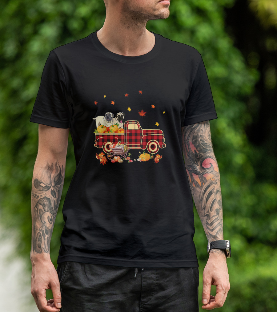 Bullmastiff Pumpkin Truck With Autumn Leaves And Fall Harvest Scene T-Shirt