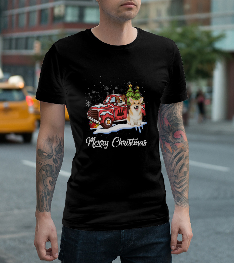 Merry Christmas Corgi Dog Pickup Truck with Snow and Trees T-Shirt