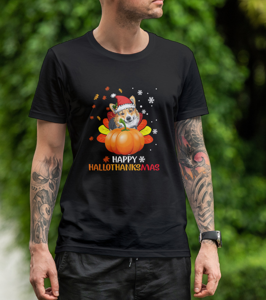 Corgi Happy Hallothanksmas Halloween Merry Christmas T-Shirt