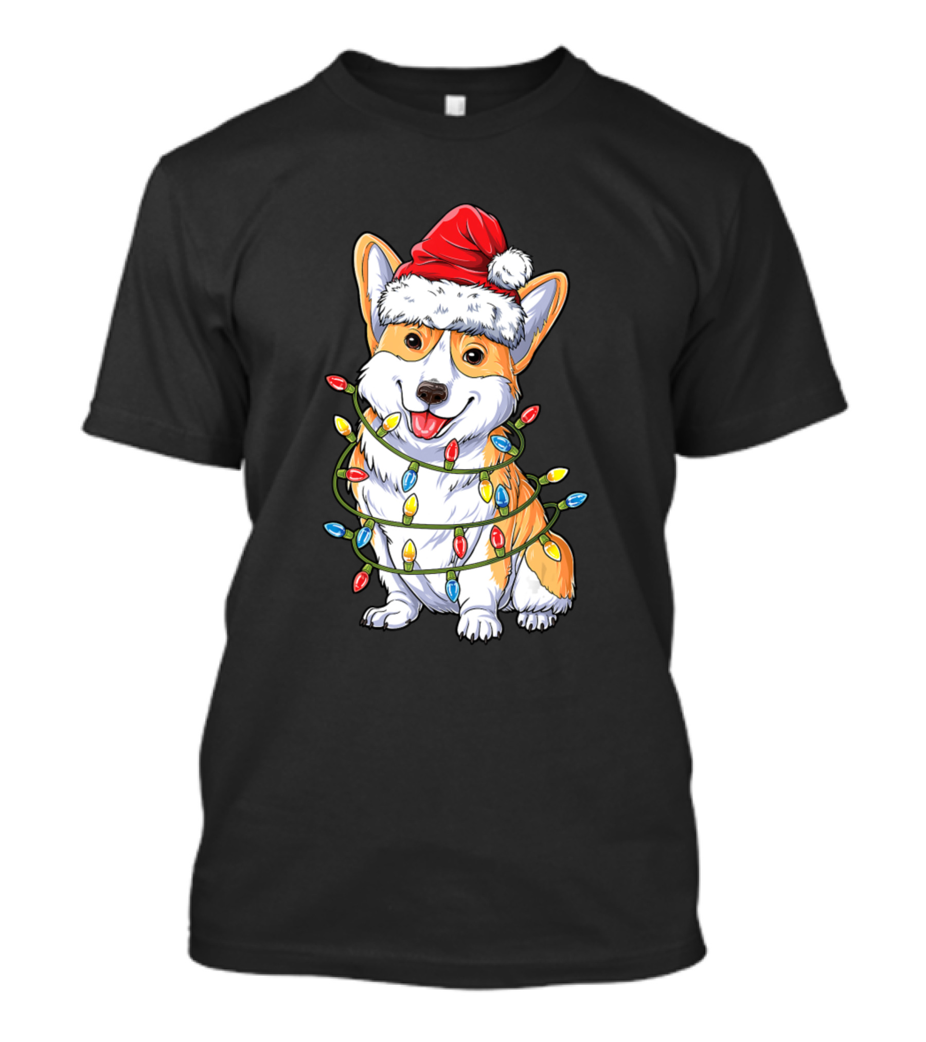 Corgi In Santa Hat Wrapped In Christmas Tree Lights T-Shirt