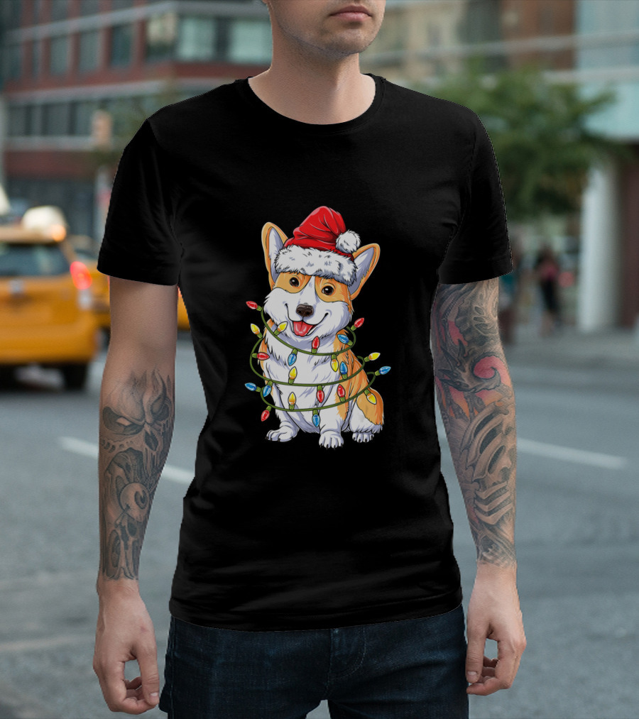 Corgi In Santa Hat Wrapped In Christmas Tree Lights T-Shirt