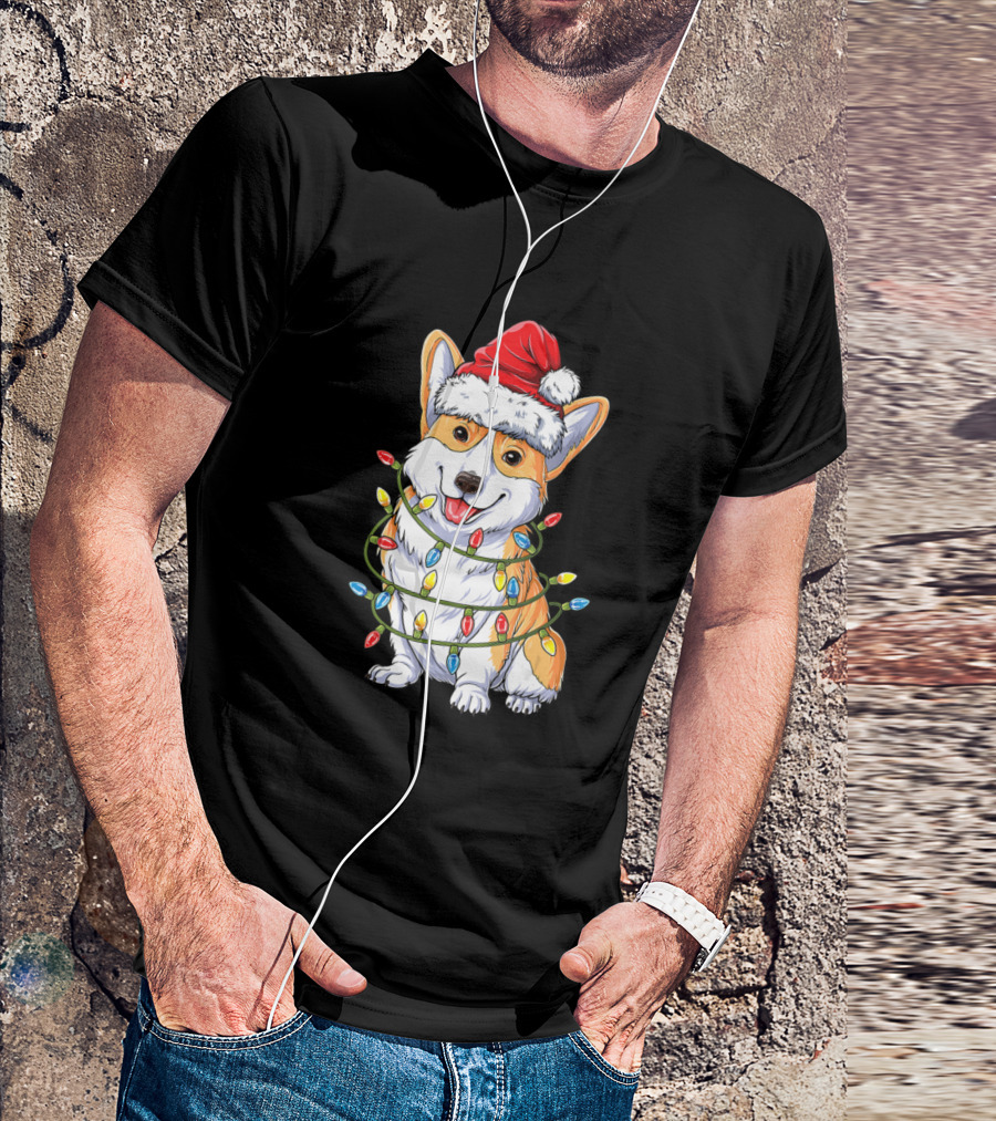 Corgi In Santa Hat Wrapped In Christmas Tree Lights T-Shirt