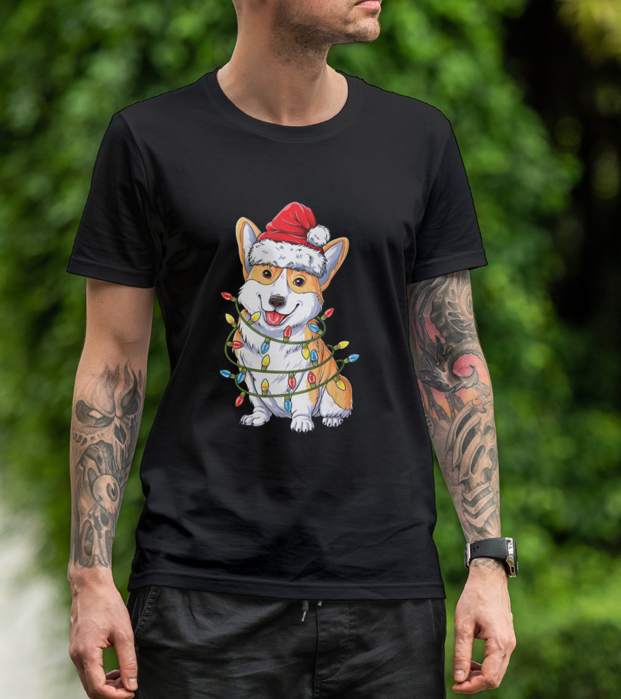 Corgi In Santa Hat Wrapped In Christmas Tree Lights T-Shirt