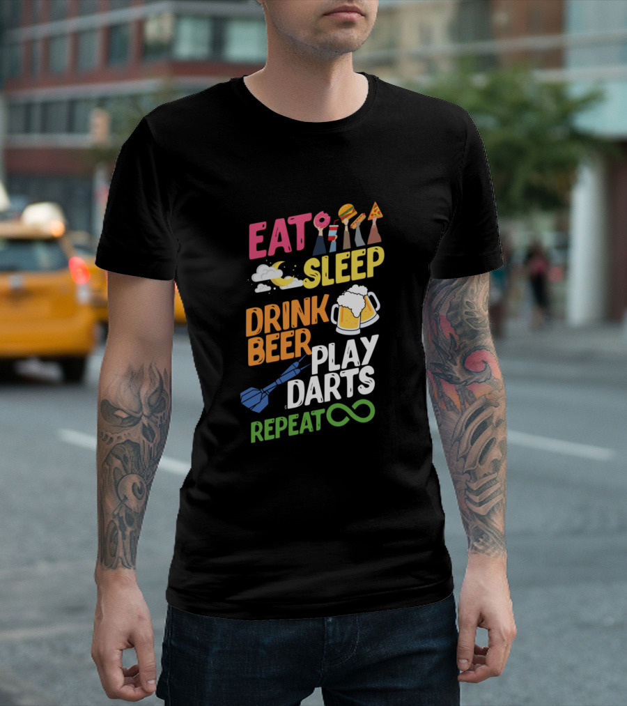 Eat Sleep Drink Beer Play Darts Repeat Beer Mugs and Dartboard Iconic Sequence T-Shirt