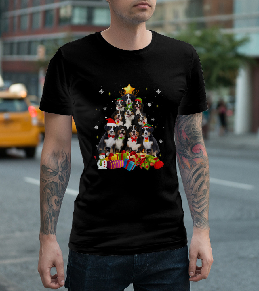 Funny Bernese Mountain Dog Christmas Tree with Snowman and Presents T-Shirt