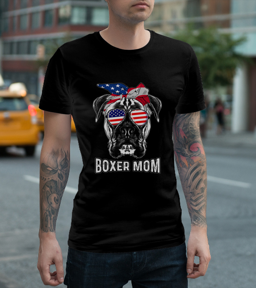 American Flag Boxer Mom Dog with Bandana and Sunglasses T-Shirt