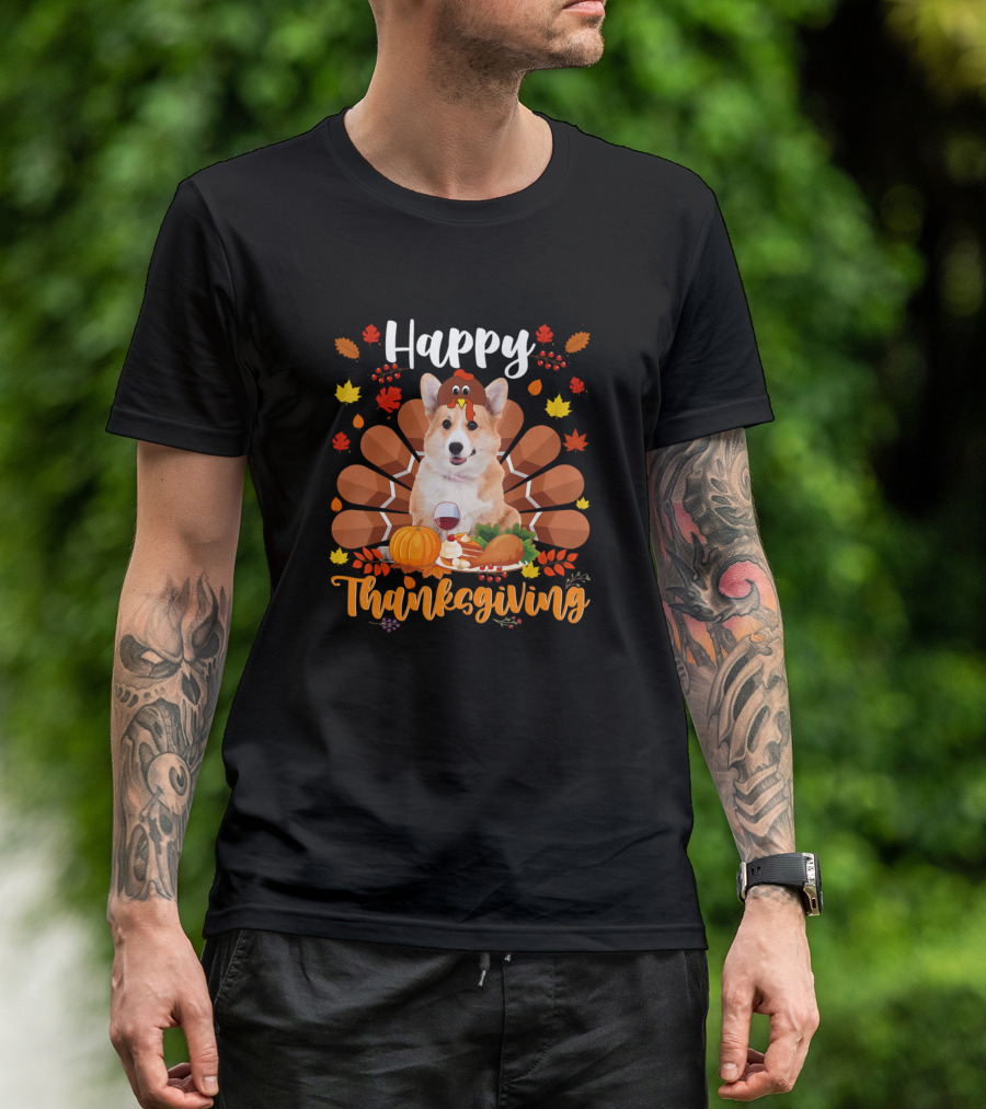 Happy Thanksgiving Cute Turkey Corgi Dog Autumn Leaves And Feast T-Shirt