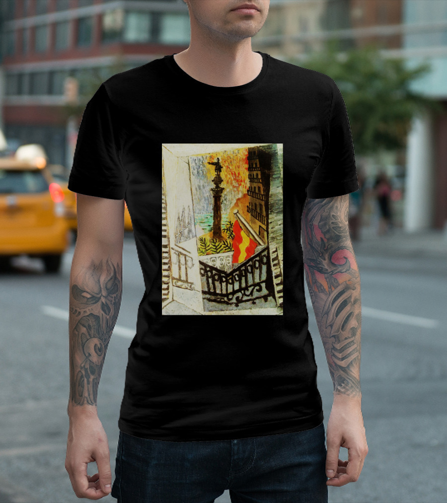 El Paseo De Colon Pablo Picasso High Resolution Balcony View with Monument and Red Yellow Flag T-Shirt