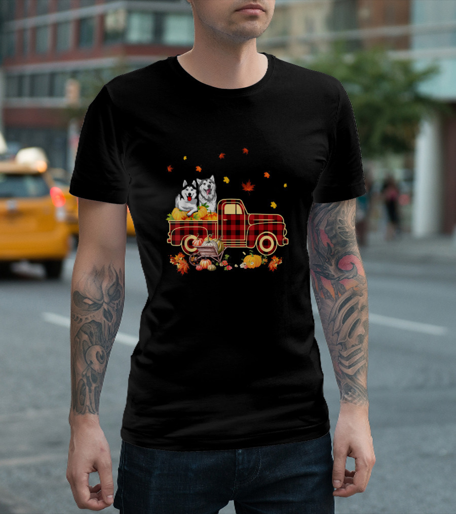 Husky Dogs with Pumpkins on Plaid Truck Surrounded by Fall Leaves T-Shirt