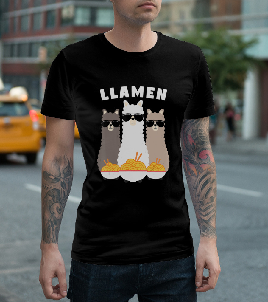 Llamen Ramen Noodles Sunglasses Trio Llamas T-Shirt