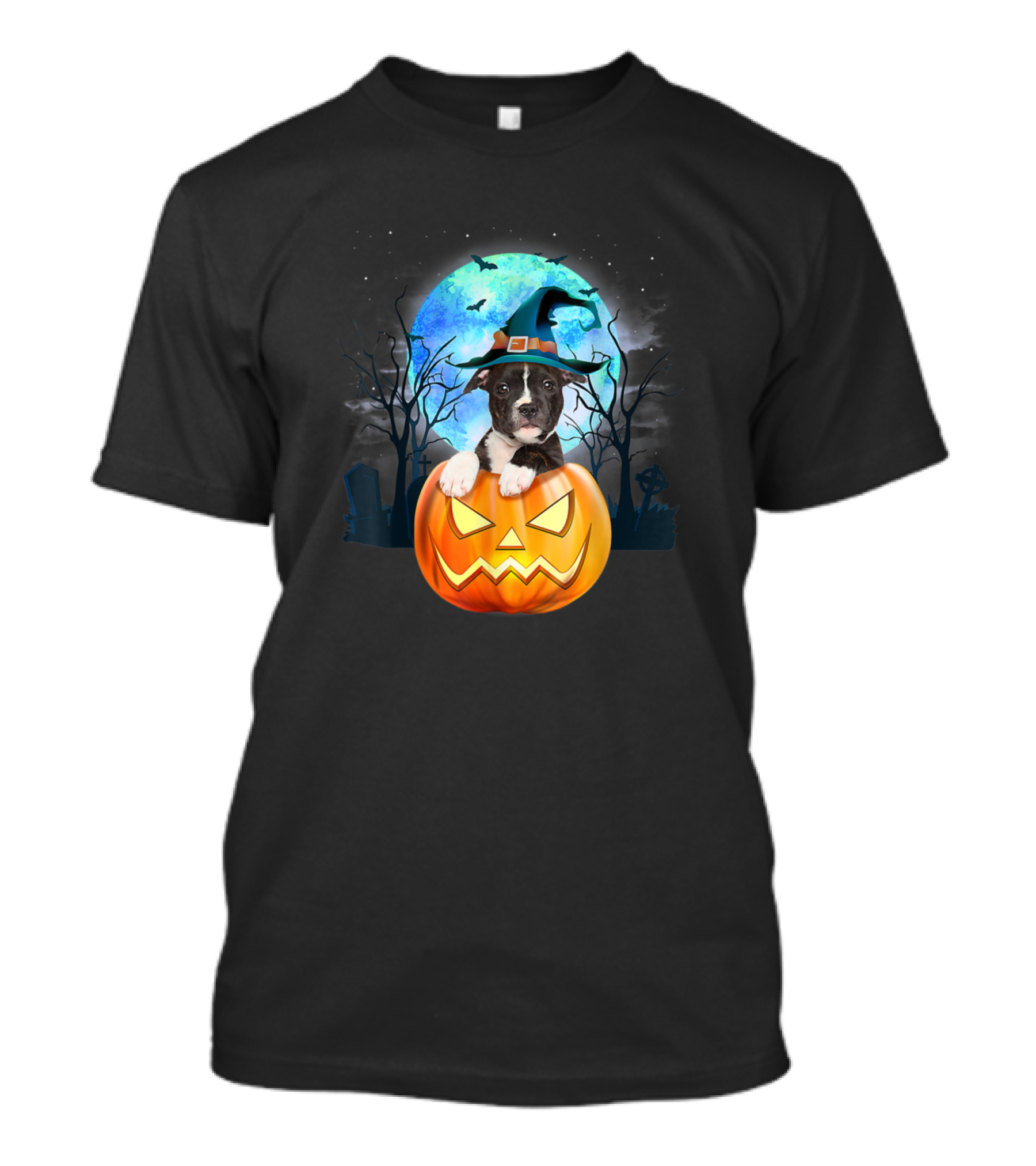 Pitbull Witch Hat Pumpkin Halloween Moon And Bats T-Shirt