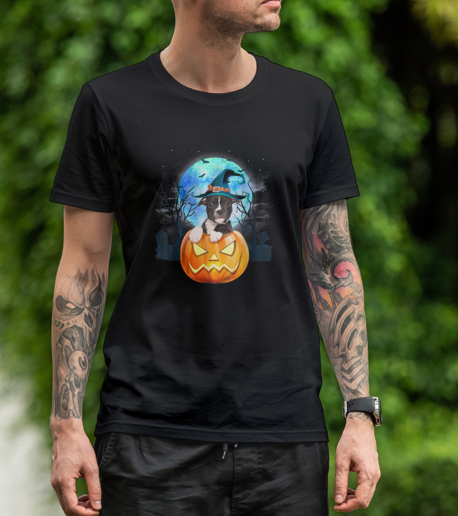 Pitbull Witch Hat Pumpkin Halloween Moon And Bats T-Shirt