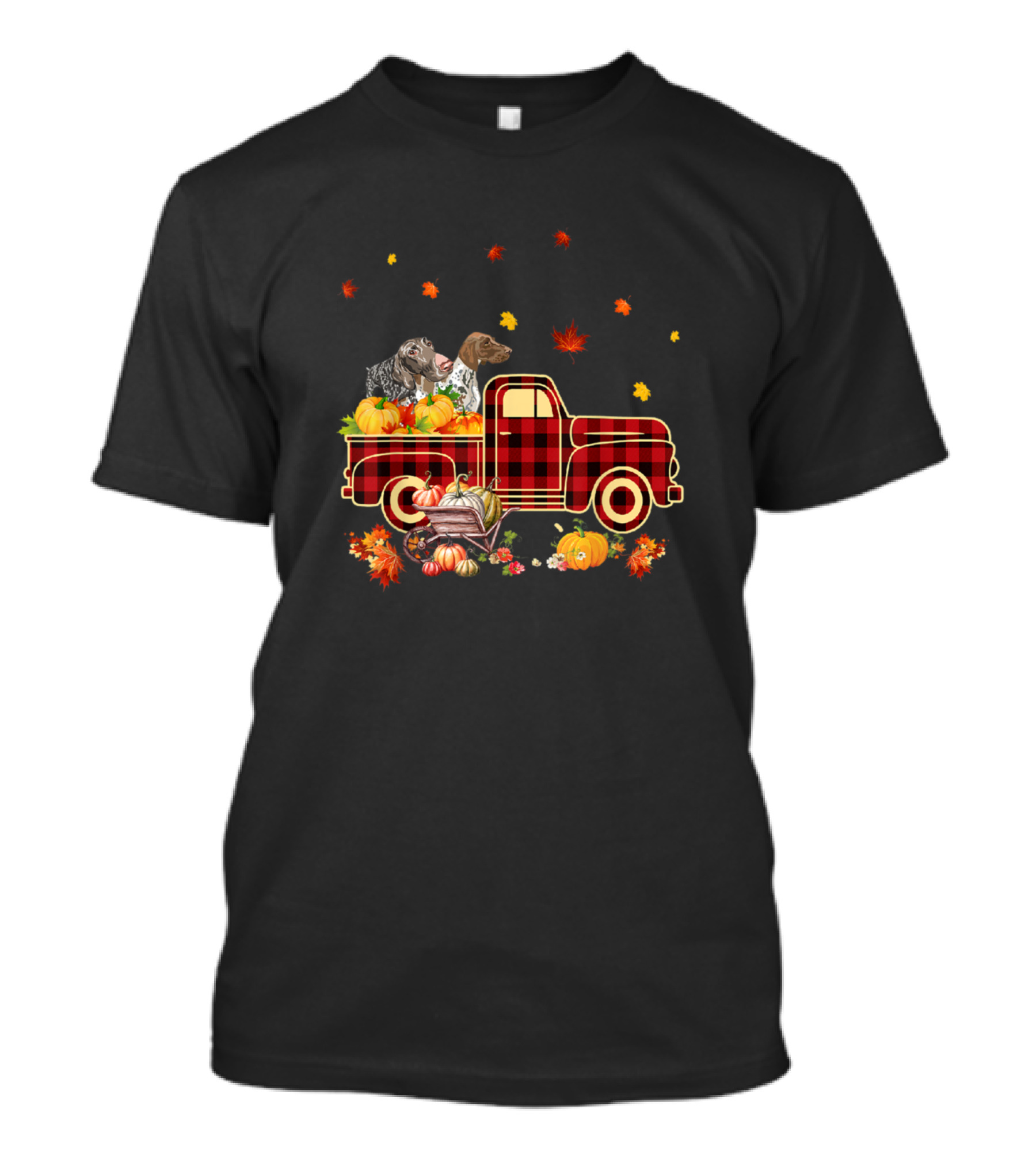Pointer Dogs In Plaid Pumpkin Truck With Autumn Leaves T-Shirt