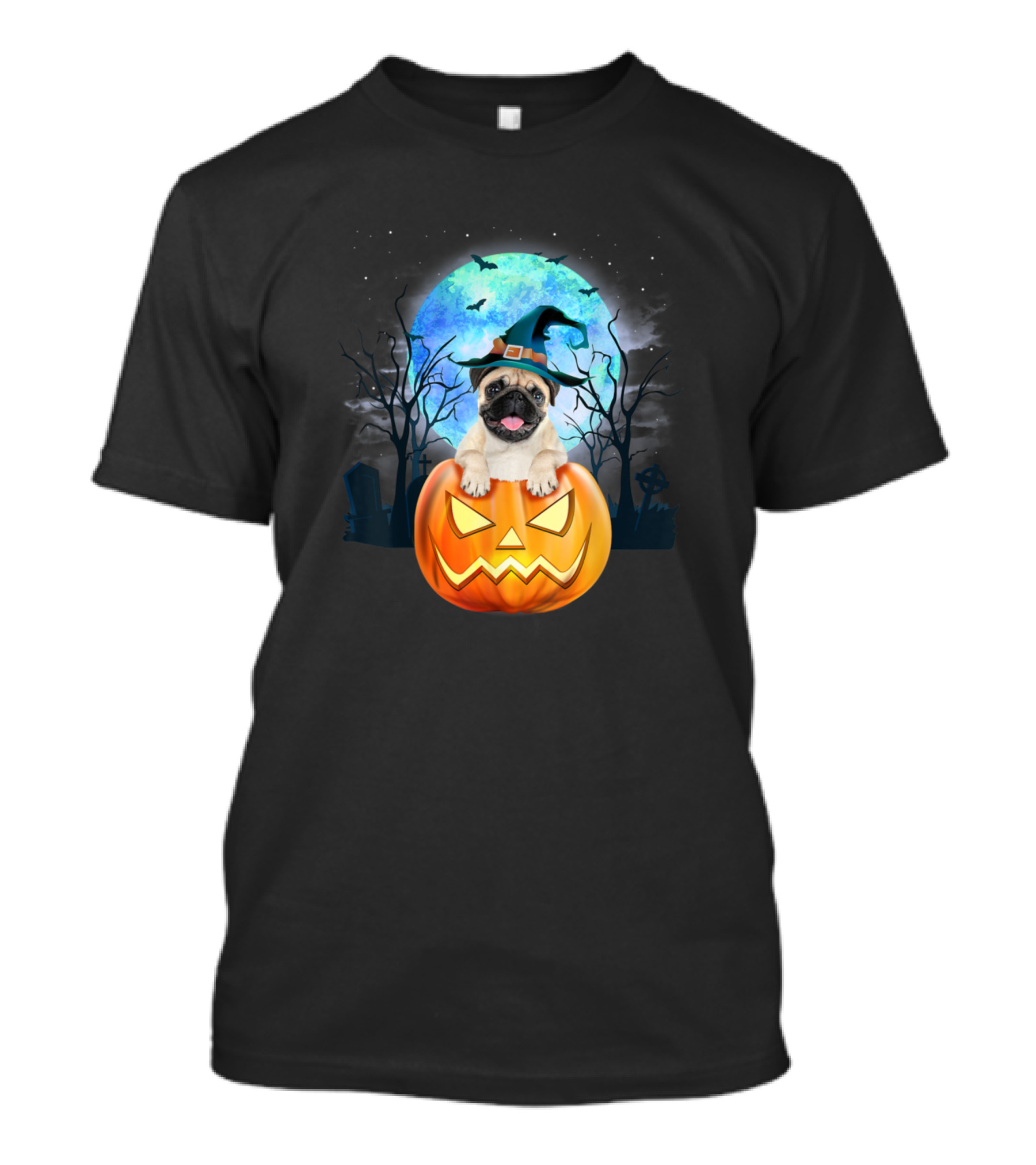 Pug Sitting In Jack-O'-Lantern With Witch Hat And Halloween Moon T-Shirt