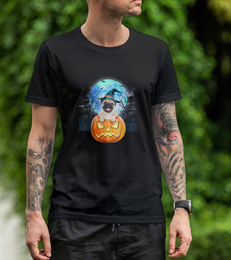 Pug Sitting In Jack-O'-Lantern With Witch Hat And Halloween Moon T-Shirt