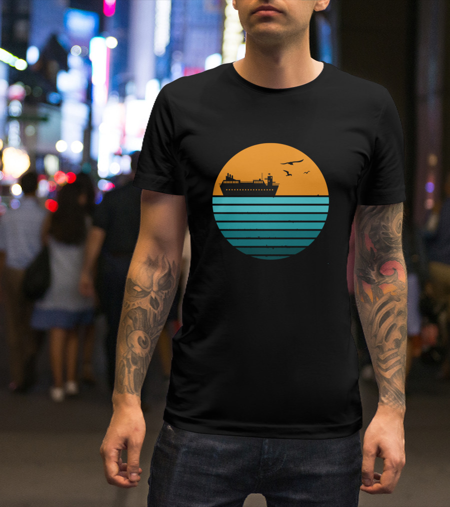 Retro Vintage Cruise Ship Family Vacation At Sunset With Ocean Horizon T-Shirt