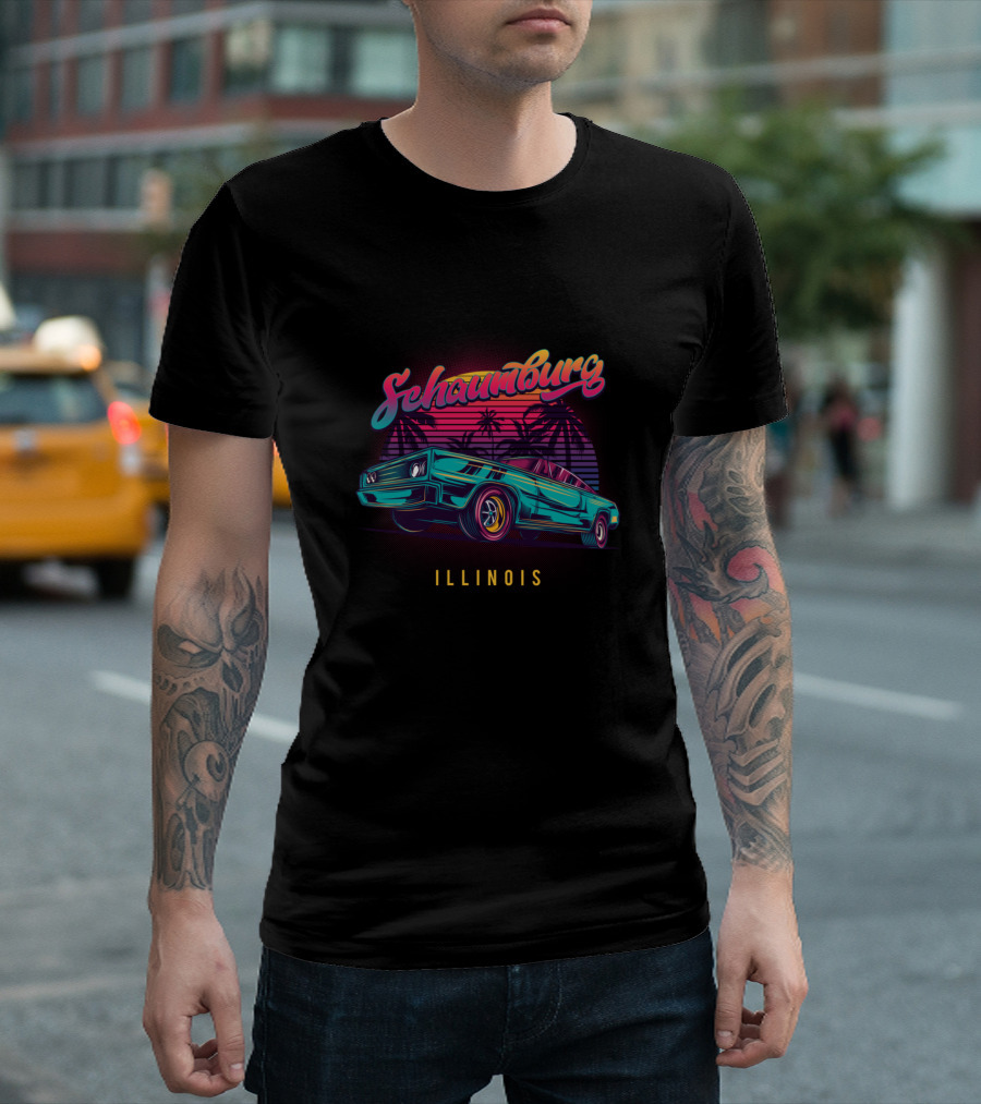 Schaumburg Illinois Retro Vintage Muscle Car with Palm Trees and Sunset T-Shirt